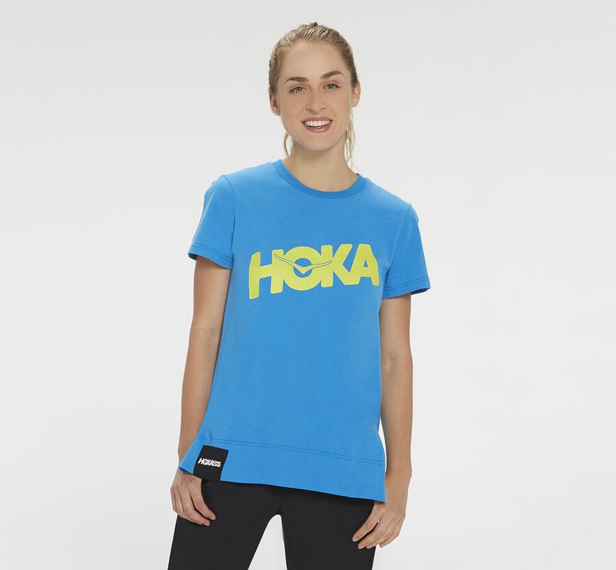 Hoka One One Brand - Women's T-Shirts - Blue - UK 941LHWBIA